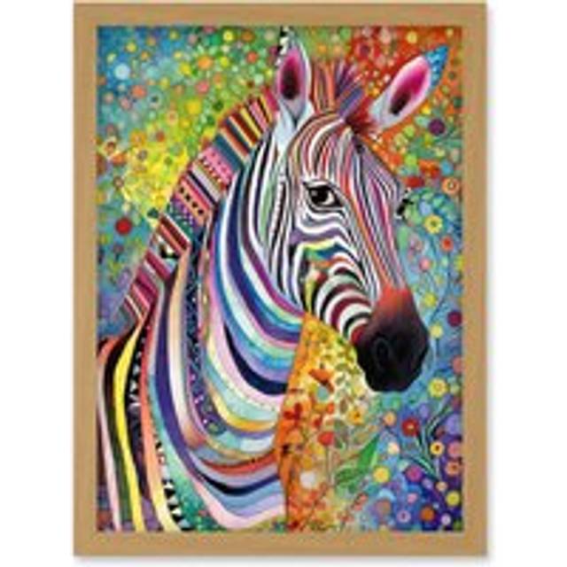Folk Art Zebra Colourful Flower Boho Artwork Framed Wall Art Print A4 - Tan - One Size