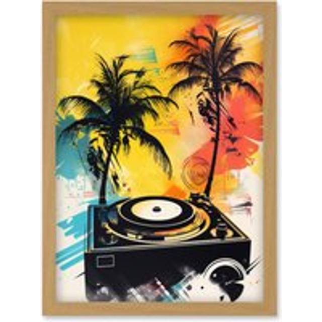 Music Under Palm Trees Tropical Beach Party Modern Watercolour Painting Artwork Framed Wall Art Print A4 - Tan - One Size