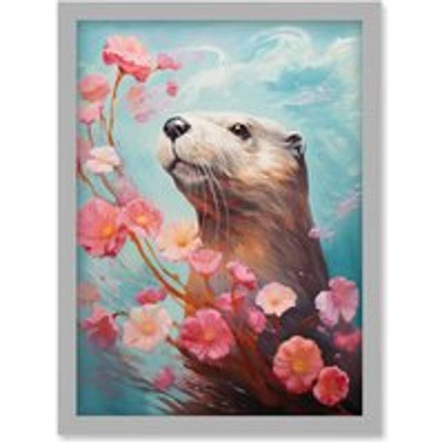 Wall Art Print Otter with a Pink Cherry Blossom Branch Elegant Oil Painting Floating on Lake Water with Flowers Artwork Framed A4 - Grey - A4