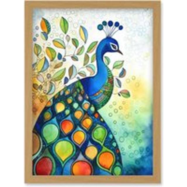 Peacock Bird Folk Art Watercolour Painting Artwork Framed Wall Art Print A4 - Tan - One Size