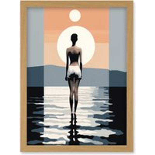 Wall Art Print The Sea is Calling Modern Abstract Minimalist Artwork Sun and Moon Artwork Framed A4 - Tan - A4