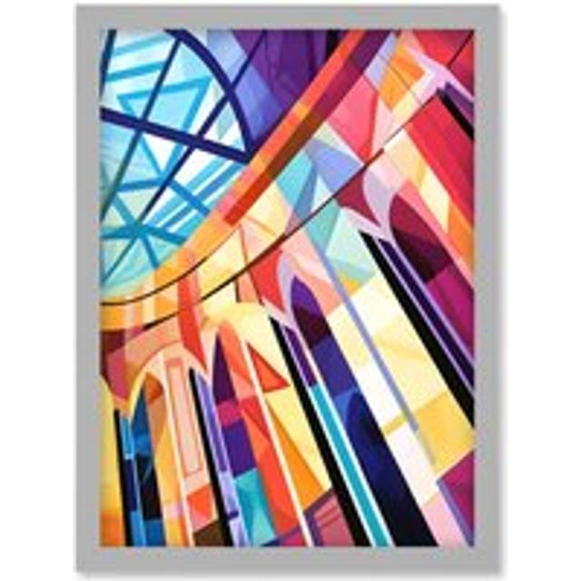 Building with Glass Roof Modern Art Deco Colour Block Modern Watercolour Painting Artwork Framed Wall Art Print A4 - Grey - One Size