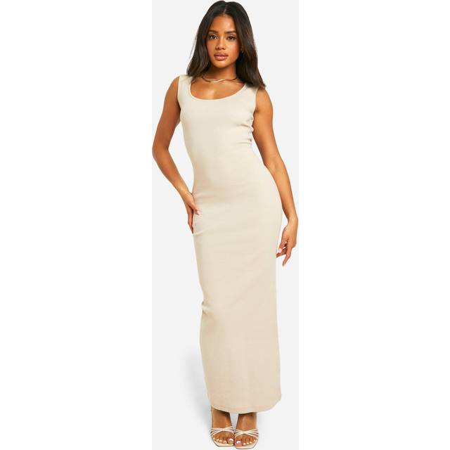 Womens Basic Rib Scoop Maxi Dress - Beige - 18