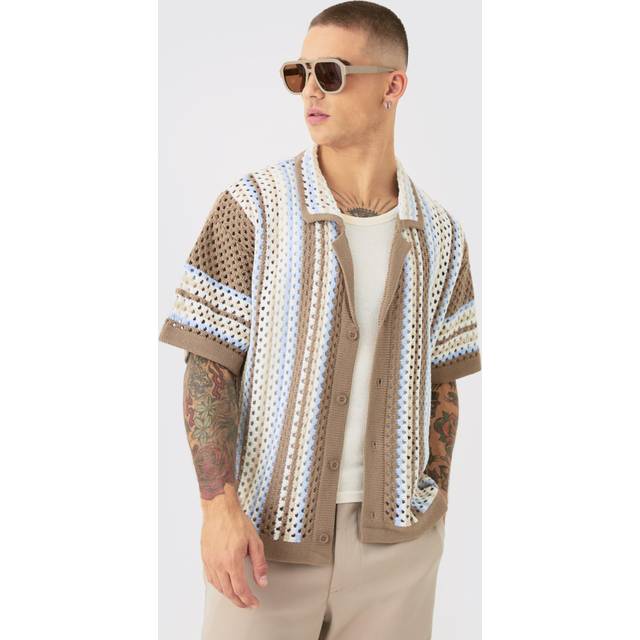 Oversized Boxy Revere Open Knit Stripe Shirt - Blue - XS