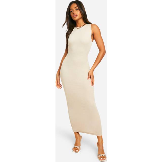 Womens Basic Rib Racer Midaxi Dress - Beige - 18