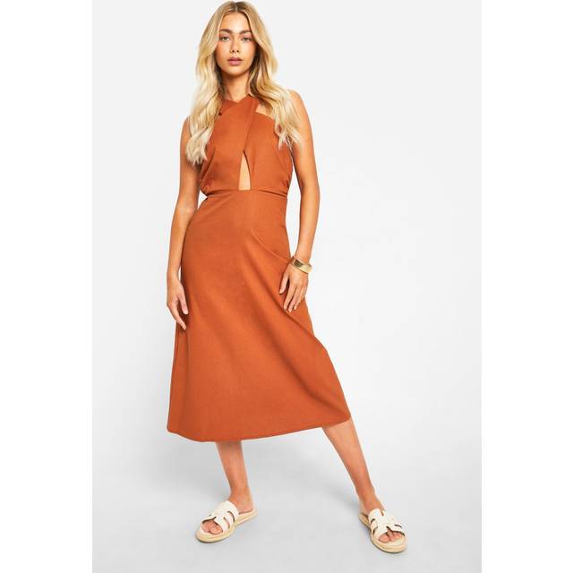 Womens Linen Look Cross Over Midi Dress - Orange - 8, Orange