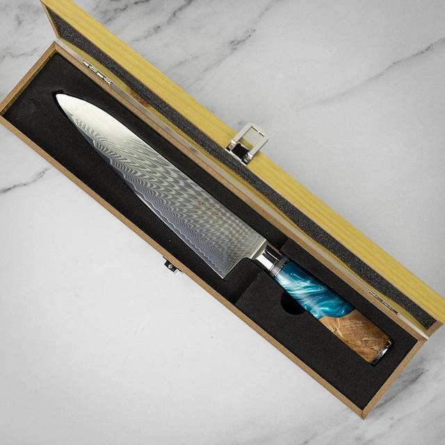 Katana Saya Ocean 20cm Damascus Gyuto Knife - can be Engraved or Personalised - Blue