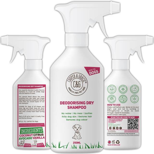 Dry Dog Shampoo Spray for Smelly Dogs - Wipe Clean Stain Remover - Cruelty-Free Waterless Grooming Products Organic Odour Deodoriser Neutraliser -
