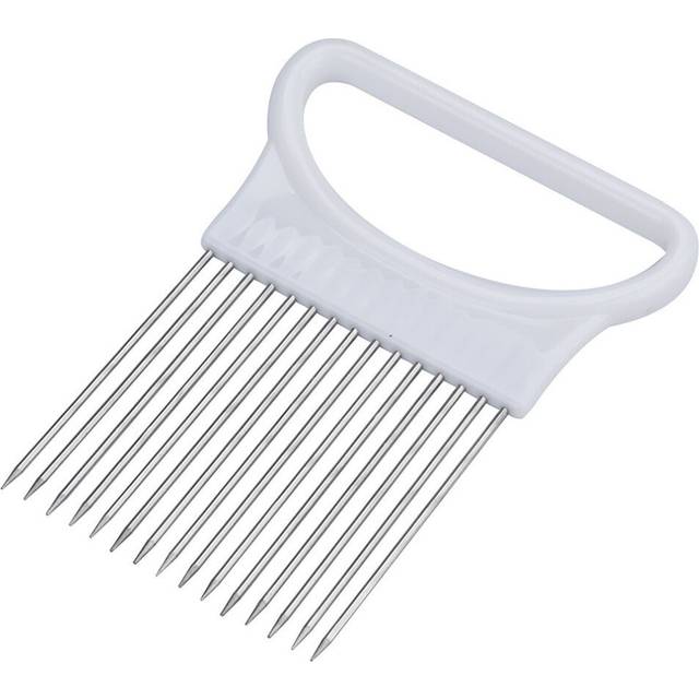 (White) Tomato Onion Vegetables Slicer Cutting Aid Holder Guide Slicing Cutter Safe Fork New Stainless Steel Cutting Kitchen Gadgets