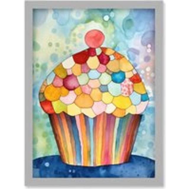 Rainbow Pattern Cupcake Folk Art Watercolour Painting Artwork Framed Wall Art Print A4 - Grey - One Size