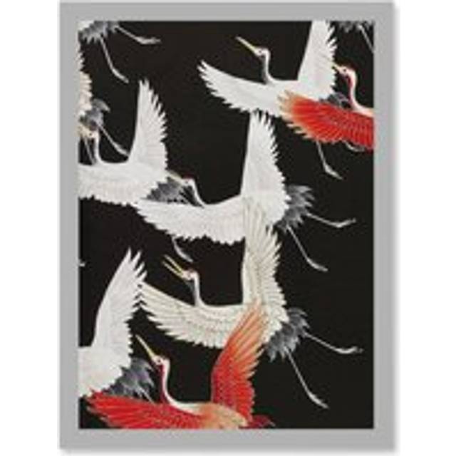 Japan Crane Kimono Pattern Artwork Framed Wall Art Print A4 - Grey - One Size