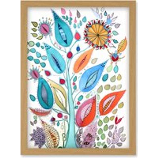 Embroidery Style Flowers Folk Art Watercolour Painting Artwork Framed Wall Art Print A4 - Tan - One Size