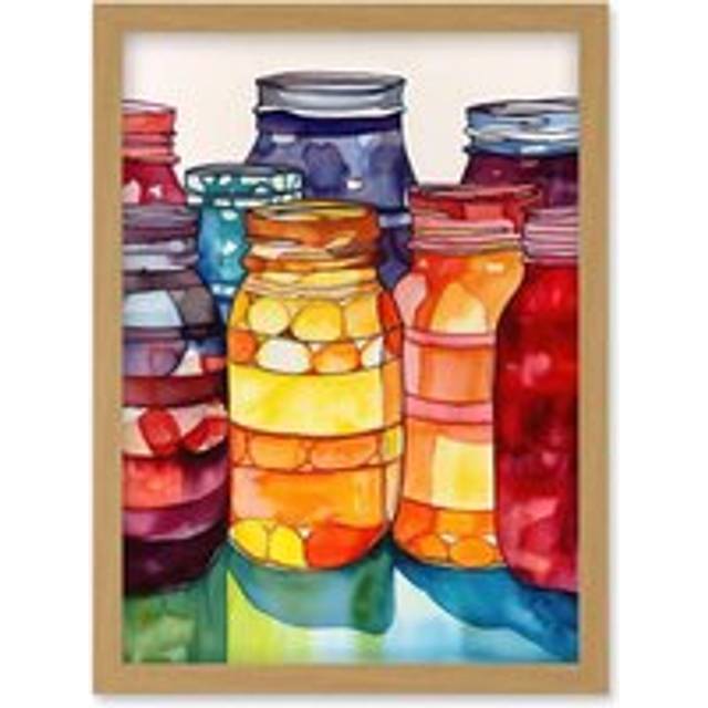 Coloured Glass Canning Jars Still Life Watercolour Painting Artwork Framed Wall Art Print A4 - Tan - One Size