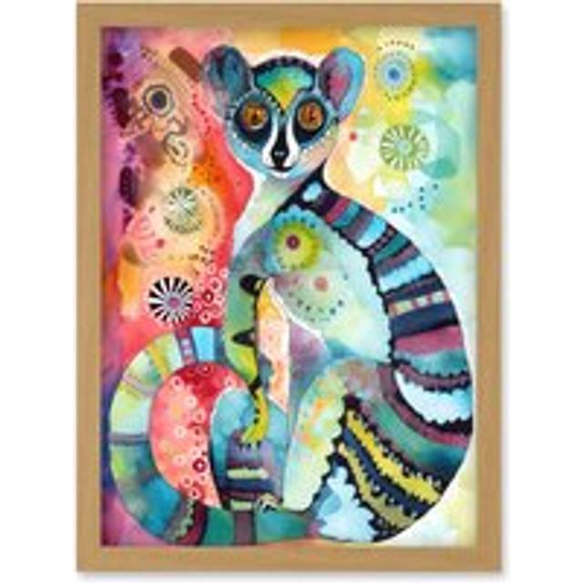 Striped Ring-Tailed Lemur Multicoloured Folk Art Watercolour Painting Artwork Framed Wall Art Print A4 - Tan - One Size