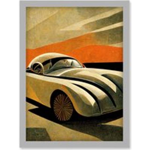 Art Deco Vintage Sports Car Sunset Illustration Artwork Framed Wall Art Print A4 - Grey - One Size