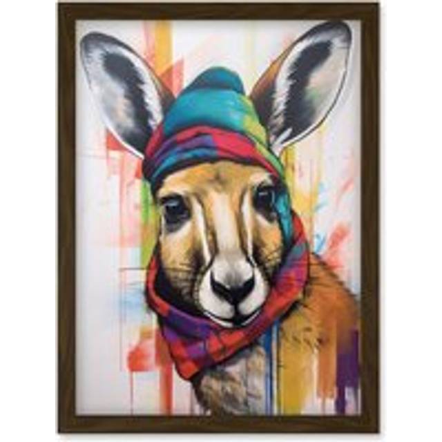 Kangaroo Wearing Colourful Winter Hat and Scarf Artwork Framed Wall Art Print A4 - Brown - One Size