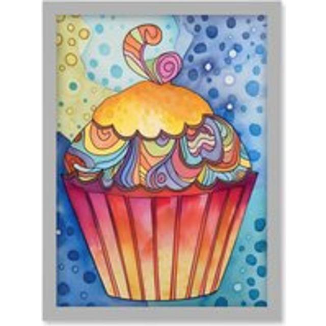 Cupcake With Colourful Frosting Folk Art Watercolour Painting Artwork Framed Wall Art Print A4 - Grey - One Size