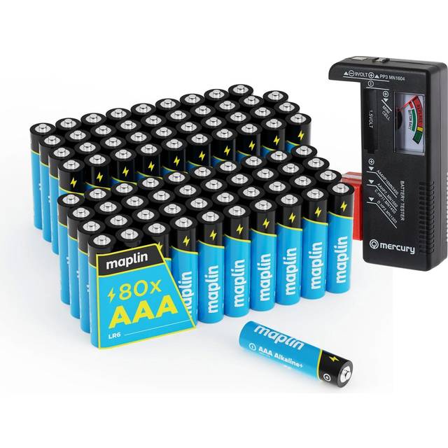 Maplin 80x AAA LR03 7 Year Shelf Life 1.5V High Performance Alkaline Batteries with Universal Battery Tester