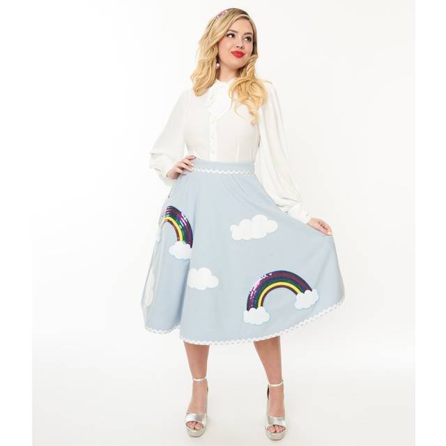 Unique Vintage 1950S Light Blue & Rainbow Sequin Soda Shop Swing Skirt - Small/4