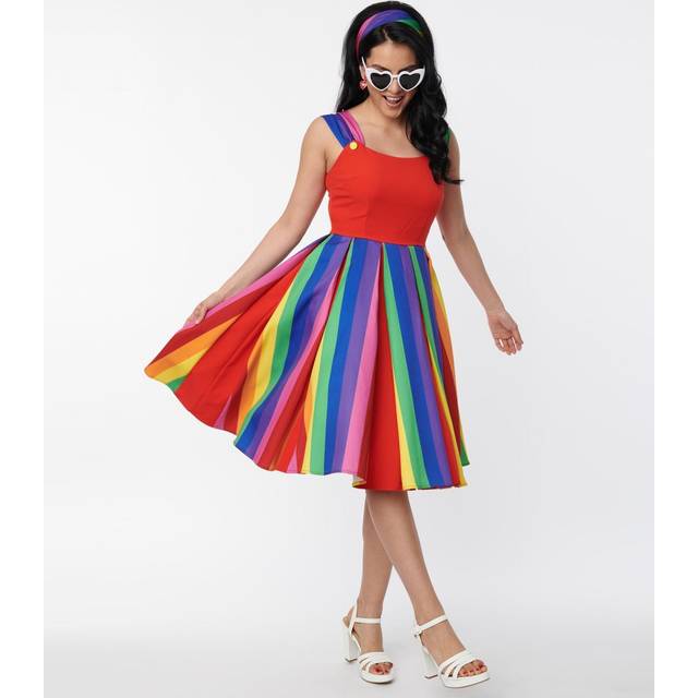 Unique Vintage Red & Rainbow Stripe Swing Dress - Medium/6-8