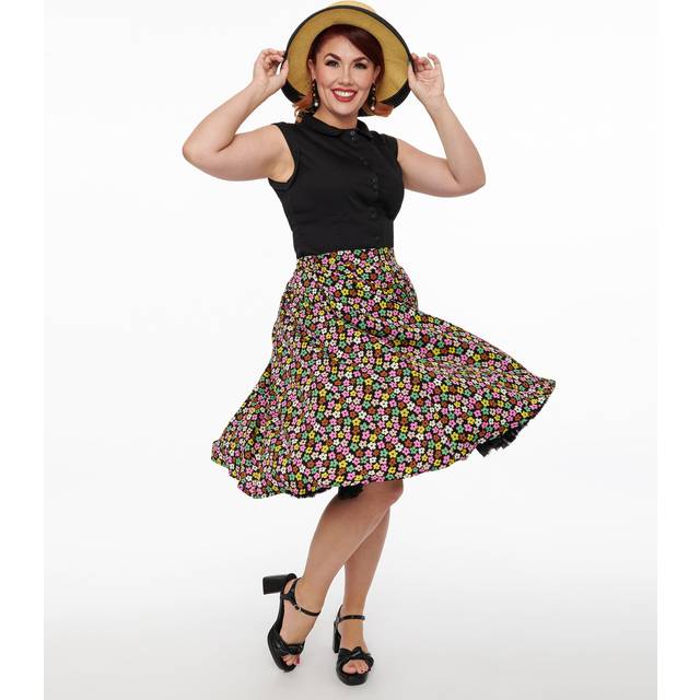 1950S Black & Multicolor Flower Print Swing Skirt - Medium