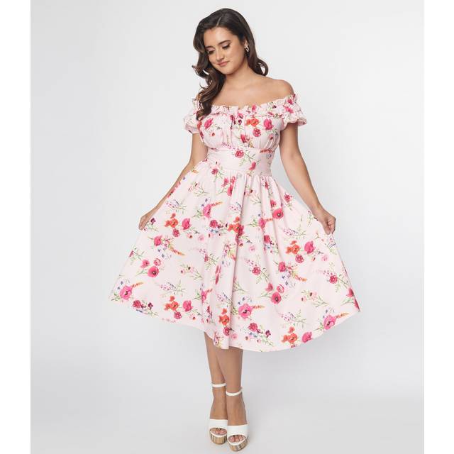 Unique Vintage 1950S Pink Floral Off The Shoulder Ruffle Swing Dress - Small/4