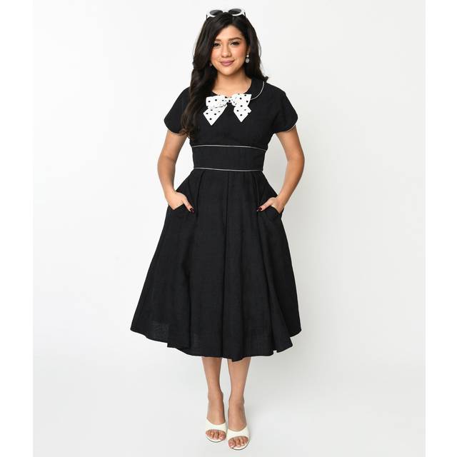 Unique Vintage 1950S Black & Ivory Polka Dot Bow Cotton Swing Dress - Medium/6-8