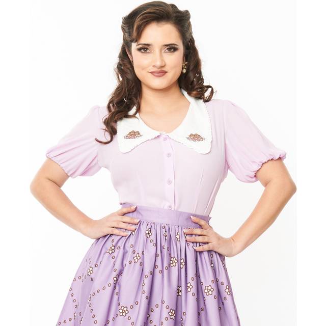 Pusheen X Unique Vintage Lavender Pusheen Springtime Embroidered Oversized Collar Blouse - XLarge/14