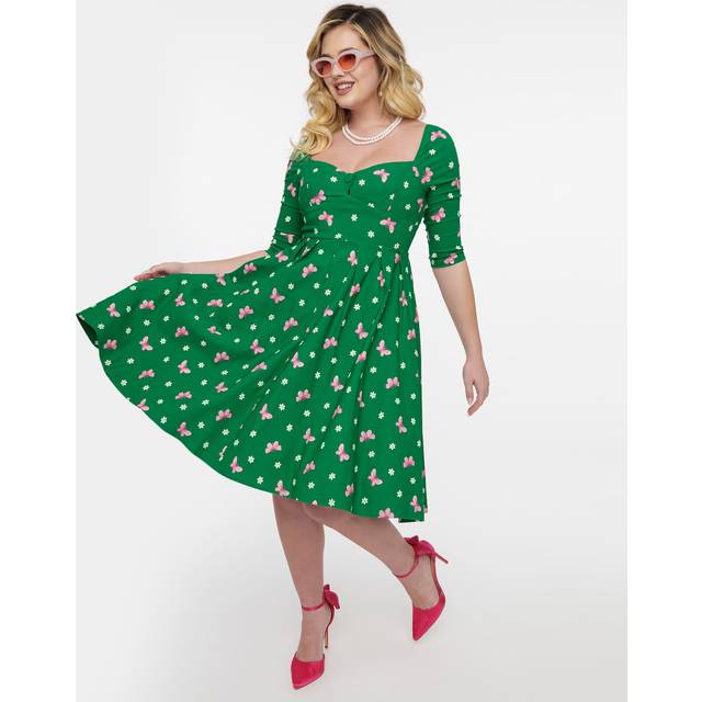 Unique Vintage 1950S Green & Butterfly Stamp Print Lamar Swing Dress - Small/4