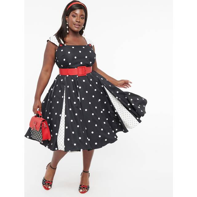 Unique Vintage Plus Size Black & White Polka Dot Stripe Swing Dress - 1X/16