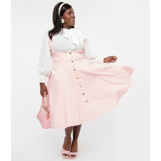 Unique Vintage Plus Size Pink & White Gingham Button Suspender Swing Skirt - 1X/16