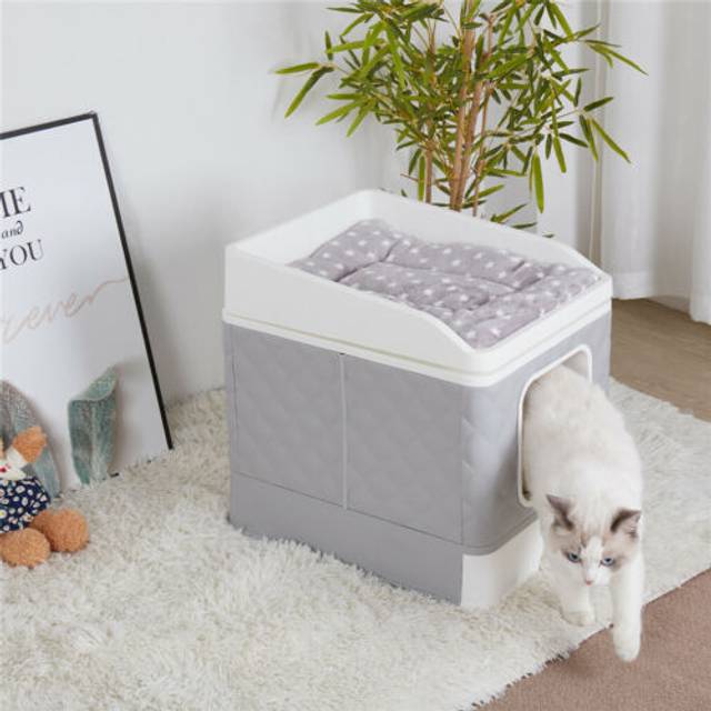 Foldable cat litter box furniture enclosure, indoor hidden grey litter box home