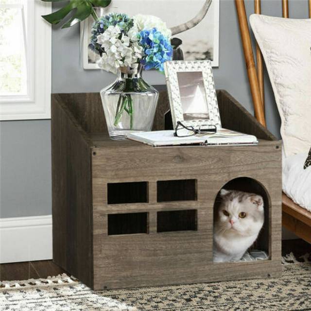 Wodden cat house cat litter box pet crate enclosed shelter decorative nightstand