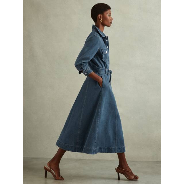 Reiss Womens Indigo Elsa Belted Denim Midi Dress 8 - INDIGO