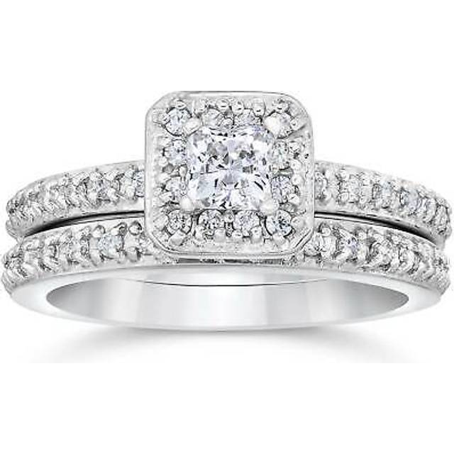 1/4ct Princess Cut Vintage Pave Halo Diamond Engagement Ring 14k White Gold
