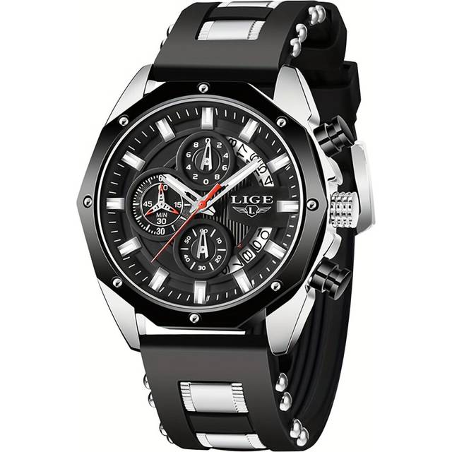 (Silver Black) Sports Chronograph Men's Watch Top Brand Luxury Luminous Quartz Clock Waterproof