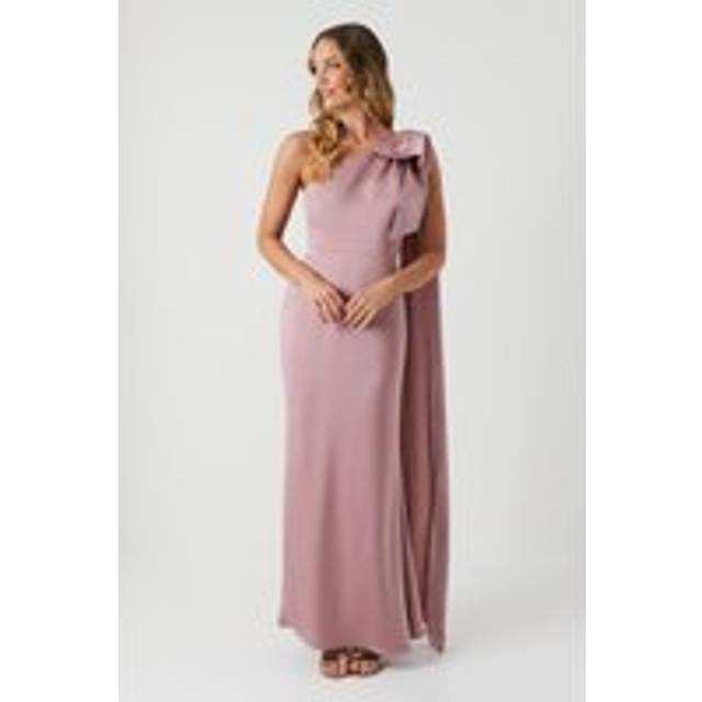 Bow And Drape Detail One Shoulder Satin Bridesmaid Dress - Pink - 12