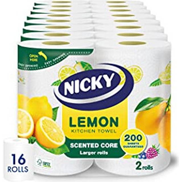 Nicky Lemon Kitchen Towel - Pack of 16 Rolls | 100 2-Ply Sheets per Roll | Absorbent | Easy Opening | Lemon Scented Core | Unique Embossing |
