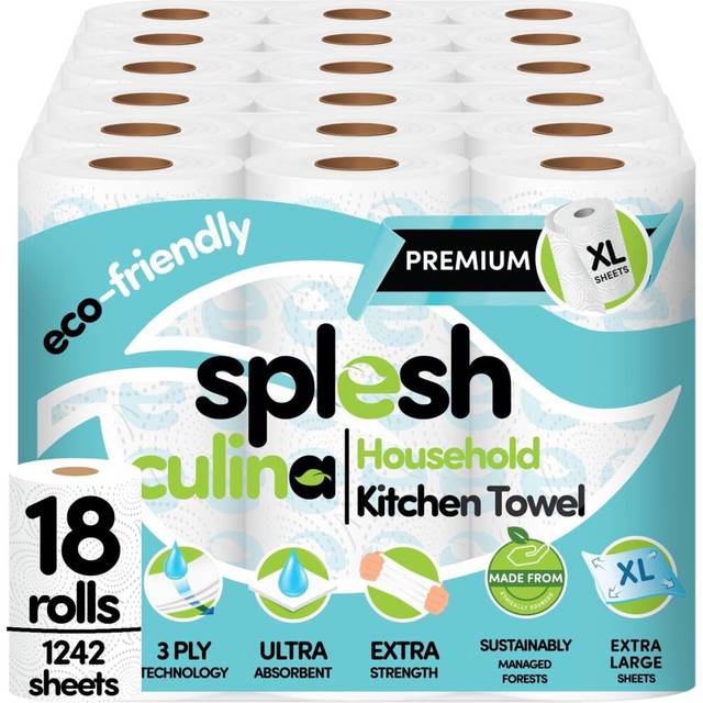 Splesh Culina Kitchen Towel - 18 XL Rolls (1242 Sheets) 3 Ply Ultra Absorbent & Extra Strong, Large Eco-Friendly Household Kitchen Rolls - 69 Super