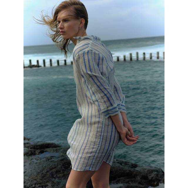 French Linen Stripe Tunic Dress Blue