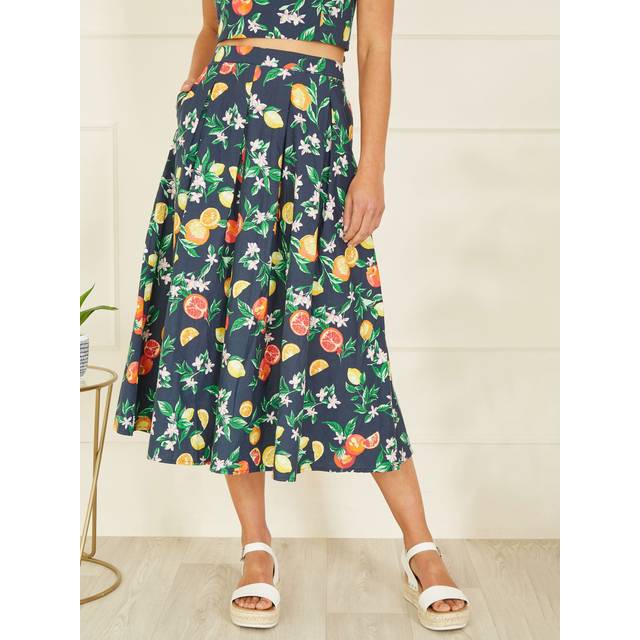 Yumi Womens Navy Organic Cotton Citrus Print Midi Skirt - Size 14 UK