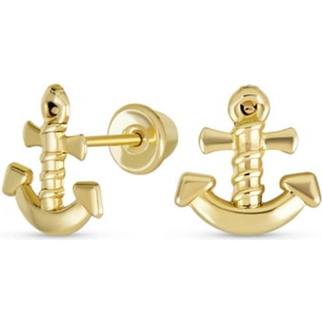 Simple Small Tropical Beach Vacation Honeymoon Natural Boat Anchor Screw Back Stud Earrings Made of Genuine Yellow 14K Gold for Women and Teenagers