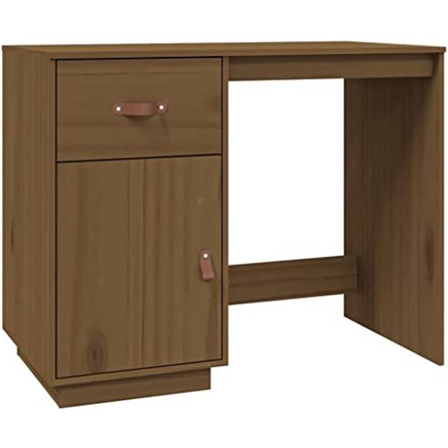 vidaXL Solid Wood Pine Desk Home Office Furniture Wooden Computer Table Bedroom Standing Computer Study Writing Desk with Storage Drawer Honey Brown