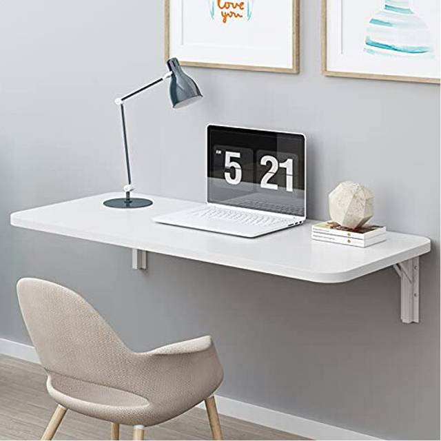 White Wall Mounted Folding Computer Desk, Fold-down Wall Table, Kitchen Breakfast Bar Table, Foldable Work Table for Home Office Garage Garden Laundry