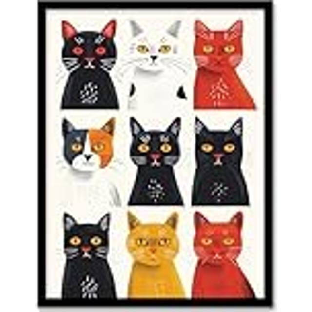 Wall Art Print Nine Cats Fun Quirky Animals Cat Lover Art Framed Poster - Black - A4