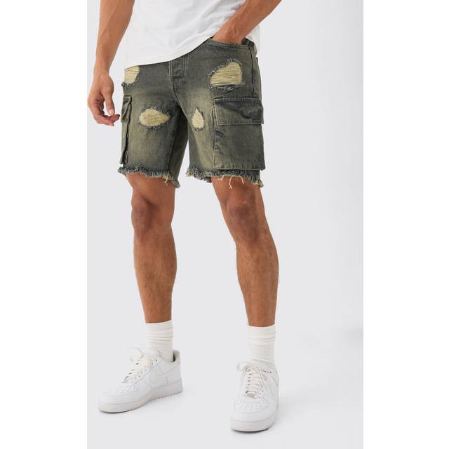 Slim Rigid Ripped Cargo Pocket Denim Short In Antique Grey - 32