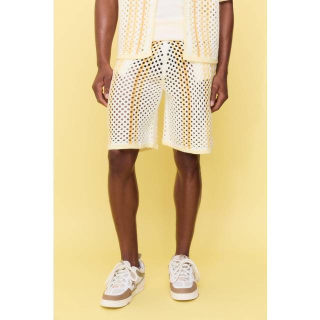 Relaxed Open Stitch Stripe Knitted Shorts - White - M