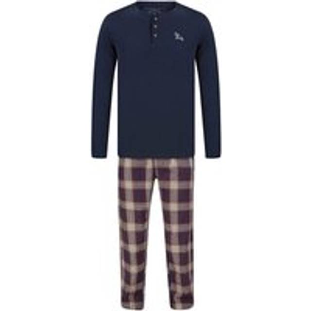 Mens Lounge Set PJs Long Sleeve Top Checked Trousers Cotton - Navy - XL