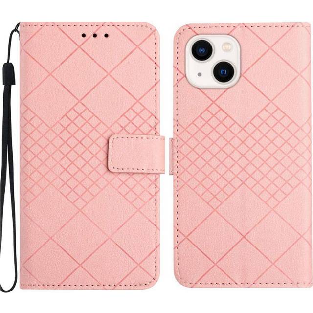 (Pink) Flip Case For IPhone 15 Diamond Embossed Wallet PU Leather Card Slot Stand With Hand Strap Magnetic Cover