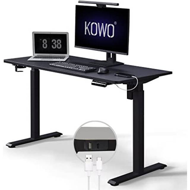Kowo Standing Desk with USB Hub & USB C Charger, Height Adjustable Electric Standing Desk with 140cm (L) Non-Spliced Desk Top, Sit Stand Desk, Stand